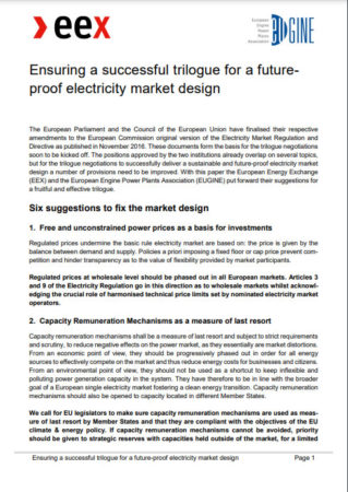 EUGINE – EEX joint position paper on the electricity market design