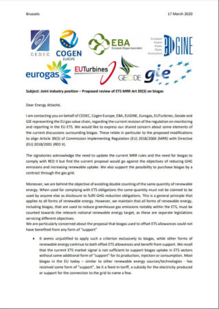 Biogas: joint industry position on the proposed review of ETS MRR Art 39(3)