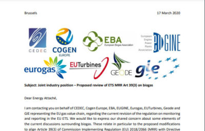 Biogas: joint industry position on the proposed review of ETS MRR Art 39(3)